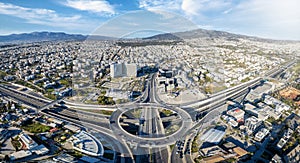 Aerial drone panoramic view of multilevel junction ring road as seen in Attiki Odos in Athens photo