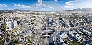 Aerial drone panoramic view of multilevel junction ring road in Athens