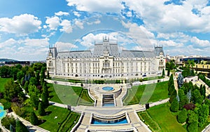 Aerial drone panoramic view of the Palace of Culture in Iasi, Romania