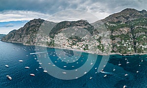 Aerial drone panoramic view of Positano village beach in Amalfi coast