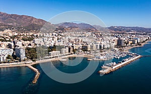 Aerial drone perspective of beautiful over luxury Puerto Banus Bay in Marbella. Spain