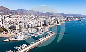 Aerial drone perspective of beautiful over luxury Puerto Banus Bay in Marbella. Spain