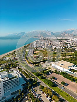 Aerial drone photo of Antalya Konyaalti beach and cliffs. Selective focus