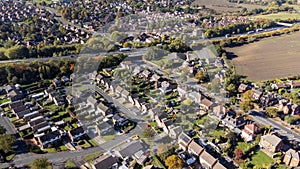 Aerial drone photo of the British town of Wakefield in West Yorkshire, England showing typical British UK housing estates and