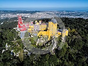 Drone photo - Castle of the Moors and Sintra National Palace. Sintra, Portugal photo