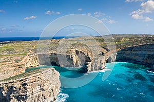 Aerial drone photo - The famous Blue Lagoon in the Mediterranean Sea. Comino Island, Malta