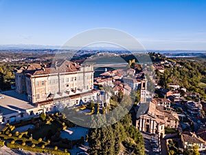 Aerial drone photo of Guarene castle and city in Northern Italy, langhe and roero region