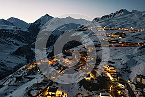 Aerial drone photo of Gudauri resort, Caucasian mountains in Georgia