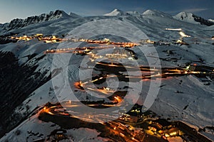 Aerial drone photo of Gudauri resort, Caucasian mountains in Georgia