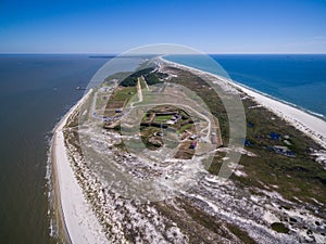 Aerial Drone Photo - Historic Civil War fortress, Fort Morgan, at the end of the Gulf Shores Peninsula. Alabama