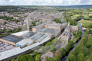 Aerial drone photo of the historic town of Shipley in the City of Bradford, West Yorkshire, England showing a Newley regenerated