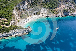 Aerial drone photo of iconic paradise sandy beach of Agiofili near port of Vasiliki with emerald crystal clear sea and