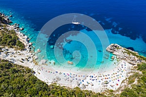 Aerial drone photo of iconic paradise sandy beach of Agiofili near port of Vasiliki with emerald crystal clear sea and