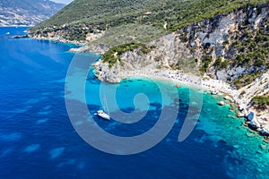 Aerial drone photo of iconic paradise sandy beach of Agiofili near port of Vasiliki with emerald crystal clear sea and