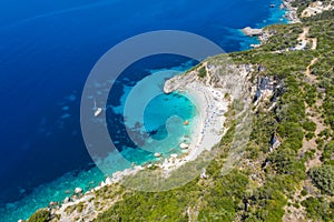 Aerial drone photo of iconic paradise sandy beach of Agiofili near port of Vasiliki with emerald crystal clear sea and