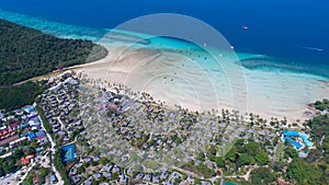 Aerial drone photo of iconic tropical beach and resorts of Phi Phi island