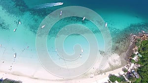 Aerial drone photo of iconic tropical turquoise water Pileh Lagoon surrounded by limestone cliffs, Phi phi islands