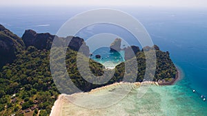 Aerial drone photo of Loh Lana Bay and Nui Bay beach, part of iconic tropical Phi Phi island photo