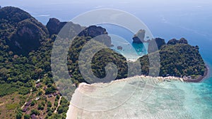 Aerial drone photo of Loh Lana Bay and Nui Bay beach, part of iconic tropical Phi Phi island photo