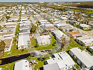 Aerial drone photo of mobile home trailer parks in Fort Myers FL which sustained damage from Hurricane Ian