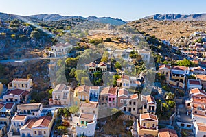 Aerial drone photo from picturesque and famous tourist spot island of Symi, Dodecanese, Greece