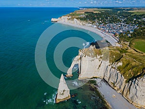 Aerial drone photo of the pointed formation called L`Aiguille or the Needle and Porte d`Aval at Etretat, north western