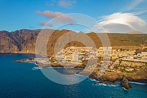 Aerial drone photo of Puerto Santiago and Los Gigantes, Tenerife, Canary Islands