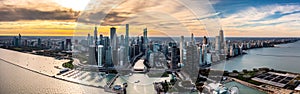 Aerial drone photo - Skyline of Chicago Illinois at sunset.