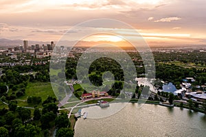 Aerial drone photo - Skyline of Denver, Colorado at sunset from City Park