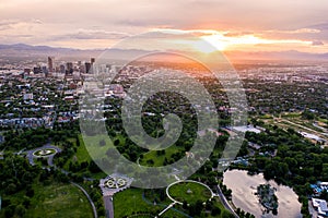 Aerial drone photo - Skyline of Denver, Colorado at sunset from City Park