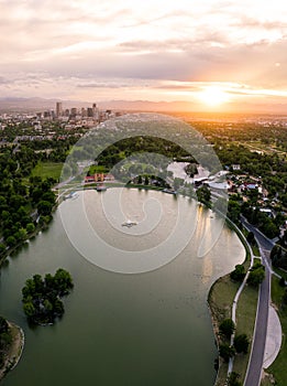 Aerial drone photo - Skyline of Denver, Colorado at sunset from City Park