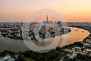 Aerial drone photo - Skyline of Saigon Ho Chi Minh City at sunset. Vietnam