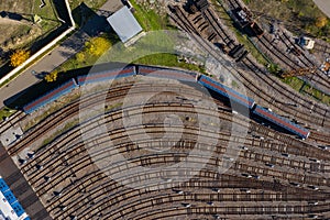 Aerial drone photo top view to metro depot heavy rail, subway, tube, metropolitan or underground