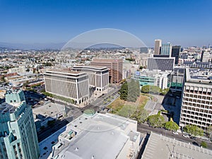 Aerial Drone Photo for Wilshire Blvd with Downtown LA View from Vermont Ave LA Korea Town, April 2021 photo