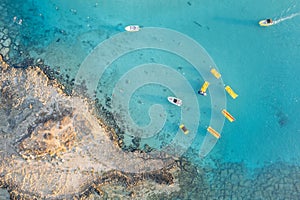 Aerial drone photograph watersports at fig tree bay beach cyprus