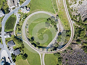 Aerial or drone photography of the circular viaduct, Brusio, Switzerland