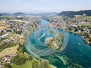 Aerial drone photography of Rhine river and Lake Constance