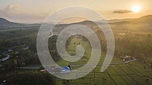 Aerial Drone Photography rice fields with Beautiful light of nature in the morning