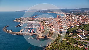 Aerial drone picture from ams all Spanish town Palamos