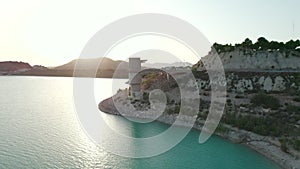 Aerial drone point of view Embalse de la Pedrera reservoir. Spain