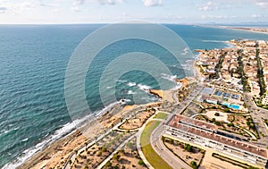 Aerial drone point of view empty beach of Mil Palmeras. Spain