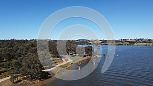 The aerial drone point of view footage at Bowna Waters Reserve is natural parkland on the foreshore of Lake Hume