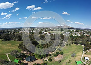 The aerial drone point of view in panoramic photography at Wodonga is a city on the Victoria.