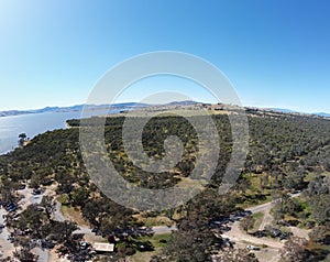 The aerial drone point of view photography at Bowna Waters Reserve is natural parkland on the foreshore of Lake Hume