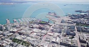 Aerial drone of the san francisco city skyline and at&t park