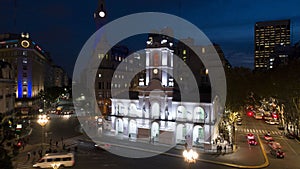 Aerial Drone Scene in the night of the Cabildo. Landscape of the city and Cabildo illuminated, historic building.