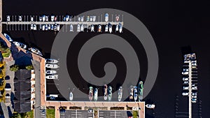 Aerial drone scenery of fishing boats and tourist yachts moored at the marina. Kuopio harbor Finland