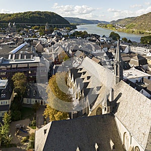 Aerial Drone shot of Andernacher Castle. Towers of the old city wall of Andernach, Germany, Rheinland-Palatinate
