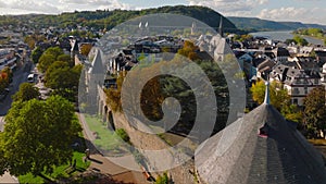 Aerial Drone shot of Andernacher Castle. Towers of the old city wall of Andernach, Germany, Rheinland-Palatinate