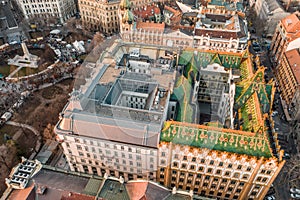 Aerial drone shot of Art nouveau style rooftop in Budapest liberty squaare